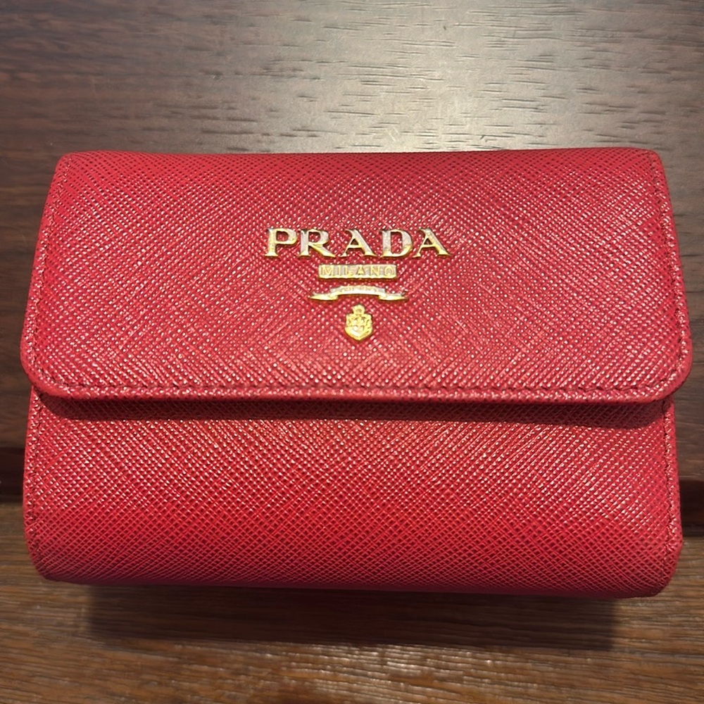 Prada Red Plaque Logo Trifold Wallet